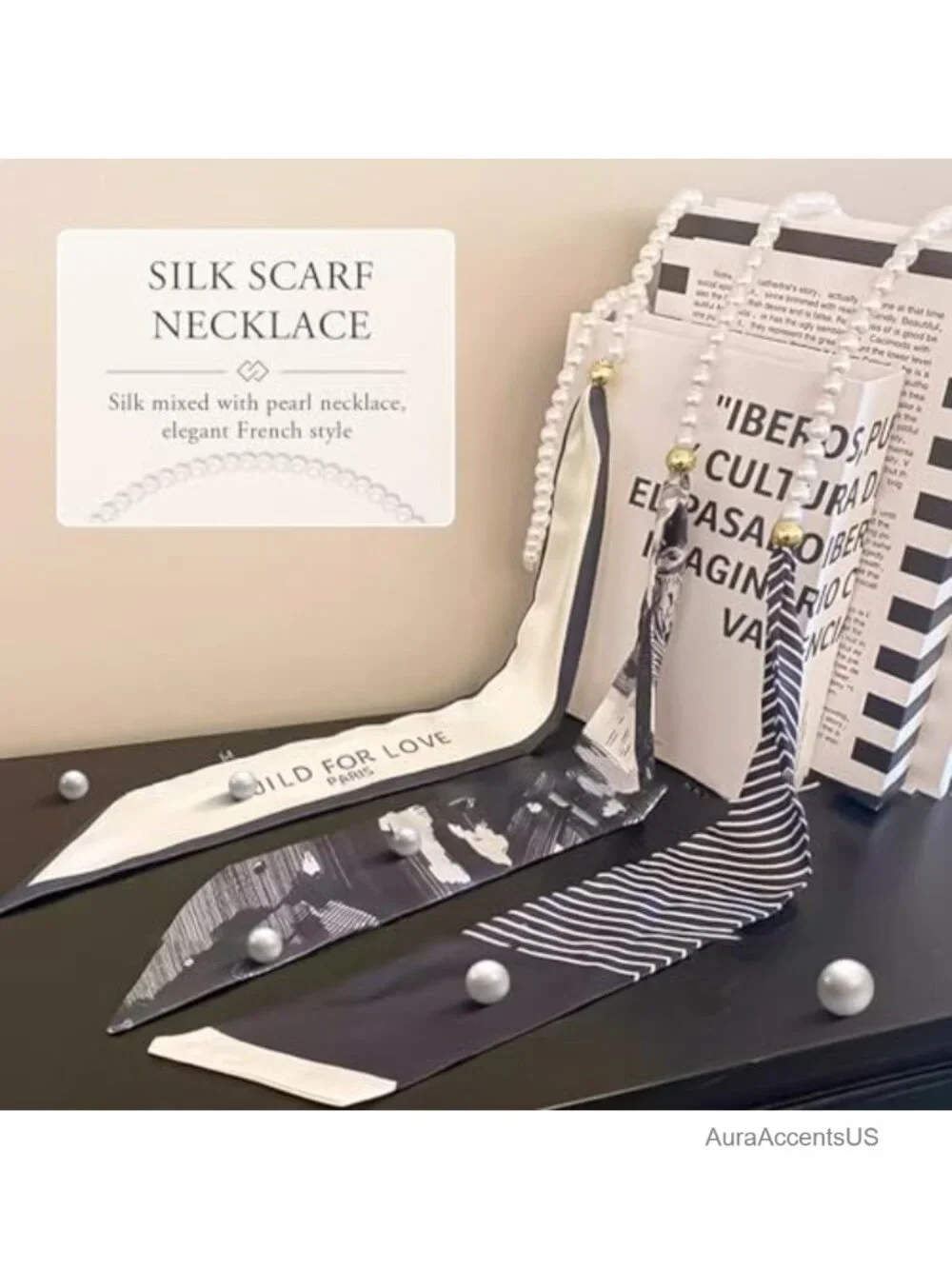 Silk Scarf Necklace Women Narrow Long Neckerchief Pearl Necklace Flower Stripe